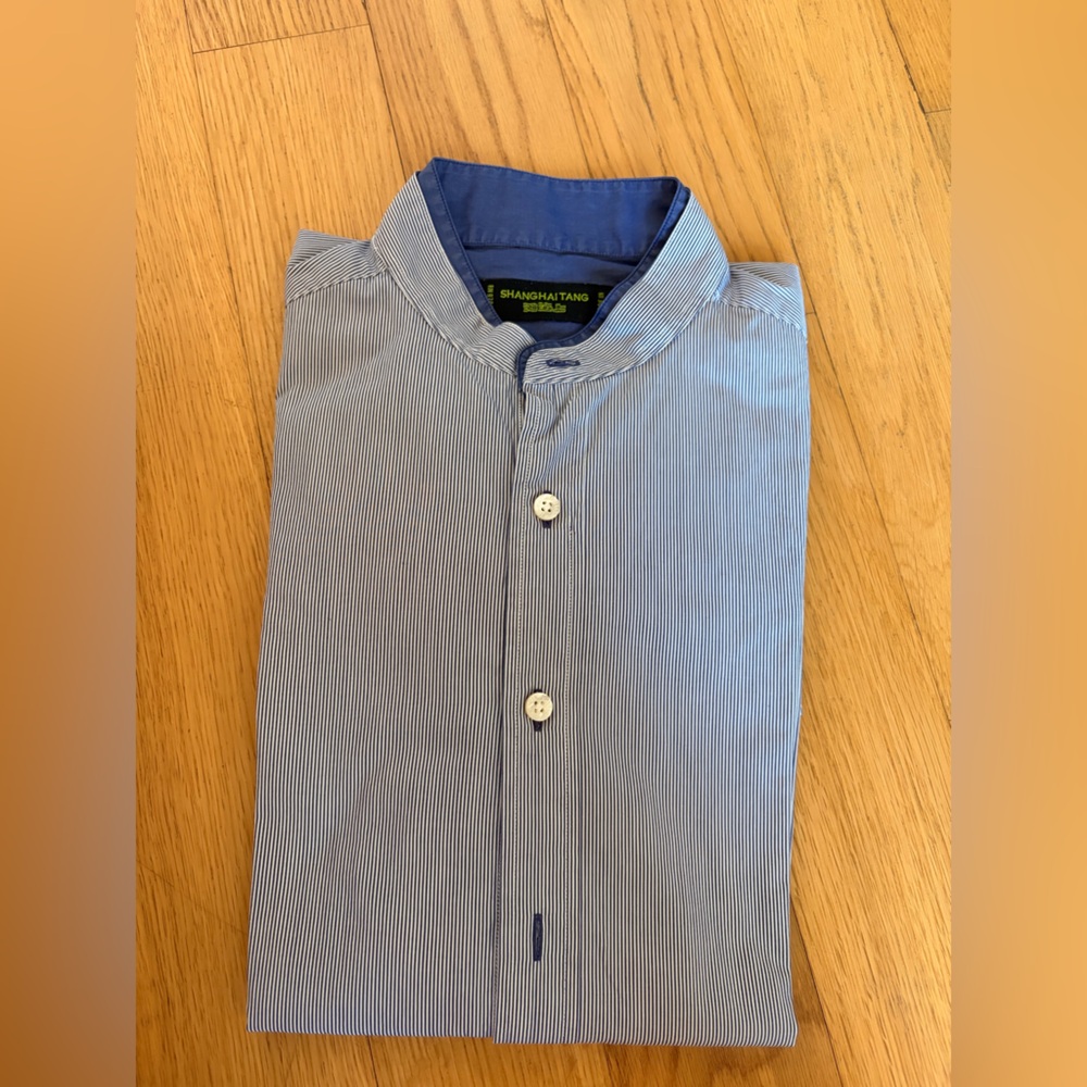 Shanghai Tang Thin Blue Stripe Casual Button-Down Shirt